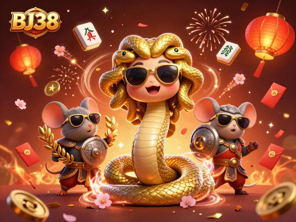 Experience excitement with BJ38's vibrant casino illustration featuring characters and festive gaming elements.