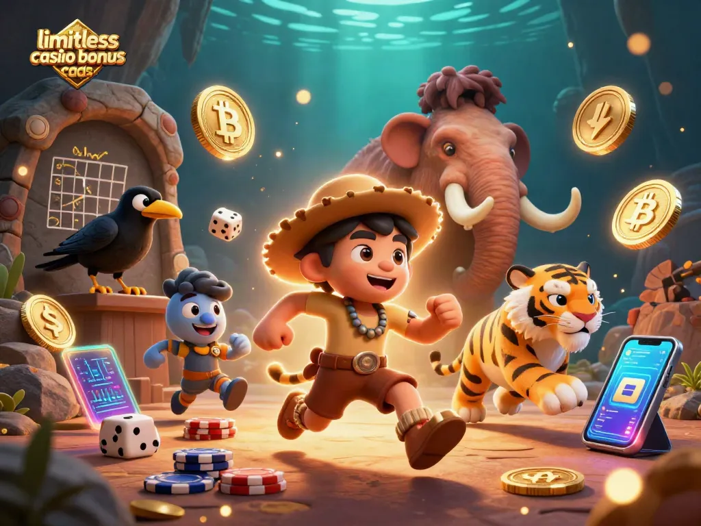 Explore limitless casino bonus codes with a dynamic scene of a caveman and sabertooth tiger running a prehistoric casino.