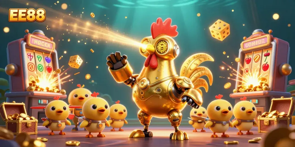 EE88 players engaging with an extravagant casino spectacle, featuring a golden rooster robot and baby chick drones.