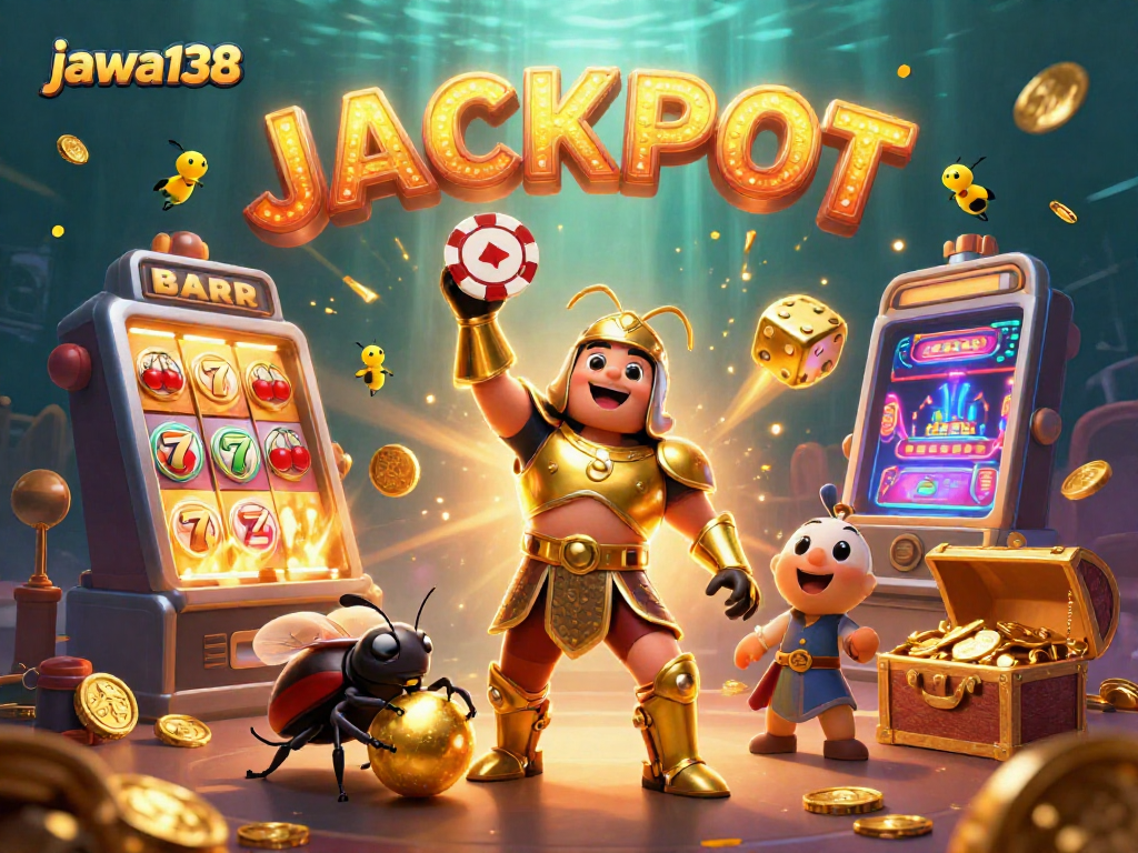 jawa138 presents a victorious hercules beetle lifting a poker chip amidst dynamic casino elements.