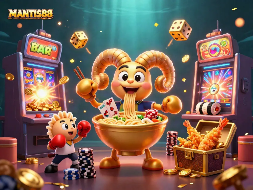 MANTIS88 vibrant illustration featuring a golden ramen bowl character dealing cards in an exciting casino environment.