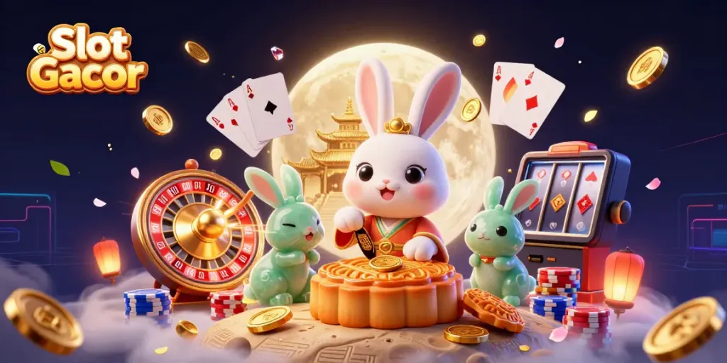 Experience the excitement of Slot Gacor with our captivating 3D illustration of a moon rabbit surrounded by casino elements.