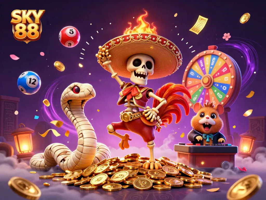 Join the action at SKY 88 as the vibrant characters celebrate with golden coins and dynamic lottery elements!