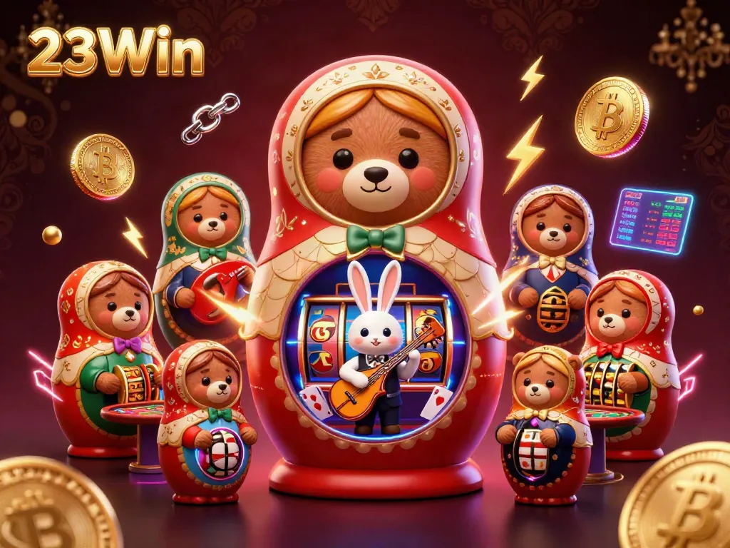 Engage with 23Win through a vibrant 3D casino illustration featuring dynamic characters and gaming elements.