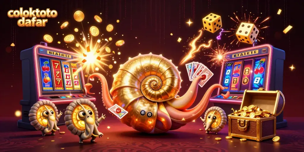 Experience gaming excitement with Coloktoto daftar featuring a vibrant scene of a giant nautilus and slot machine.