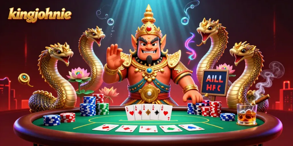 Engage in thrilling poker action at King Johnnie's vibrant casino with majestic fantasy characters and dynamic gaming elements.