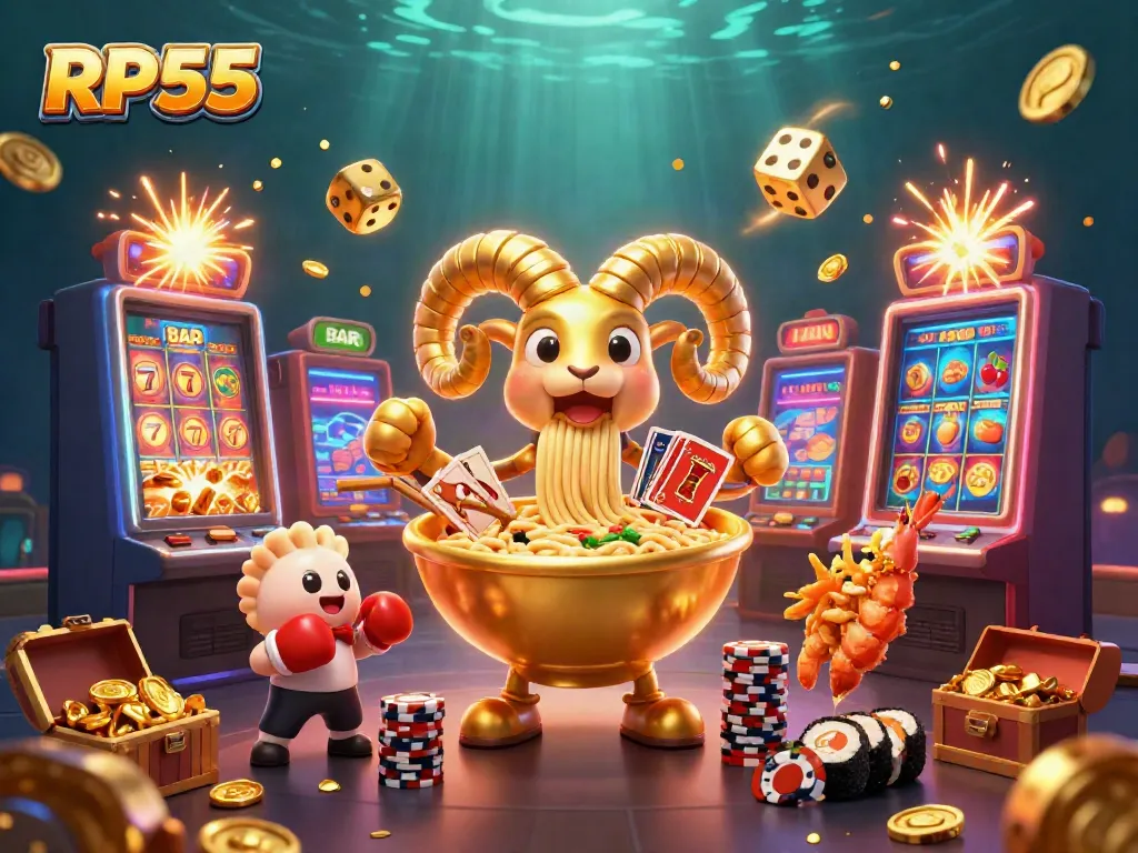 Experience RP55's thrilling jackpot action with a 3D golden ramen bowl dealer and vibrant casino elements.