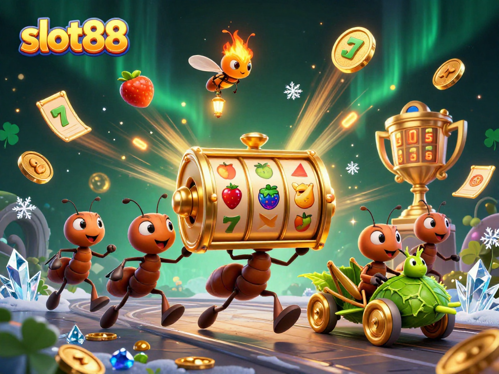 Geng semut 3D membawa slot88 emas melintasi terowongan, dikelilingi simbol slot dan koin emas.