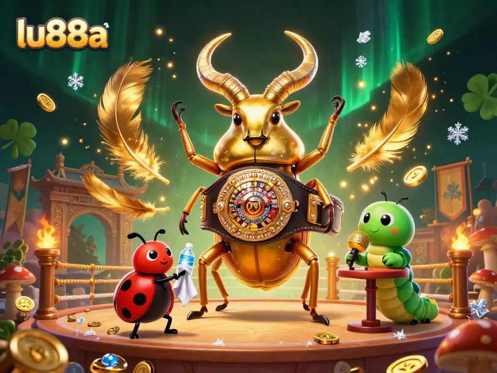 Engage in thrilling gaming adventures at lu88a, featuring an epic dynamic scene with a golden stag beetle champion.