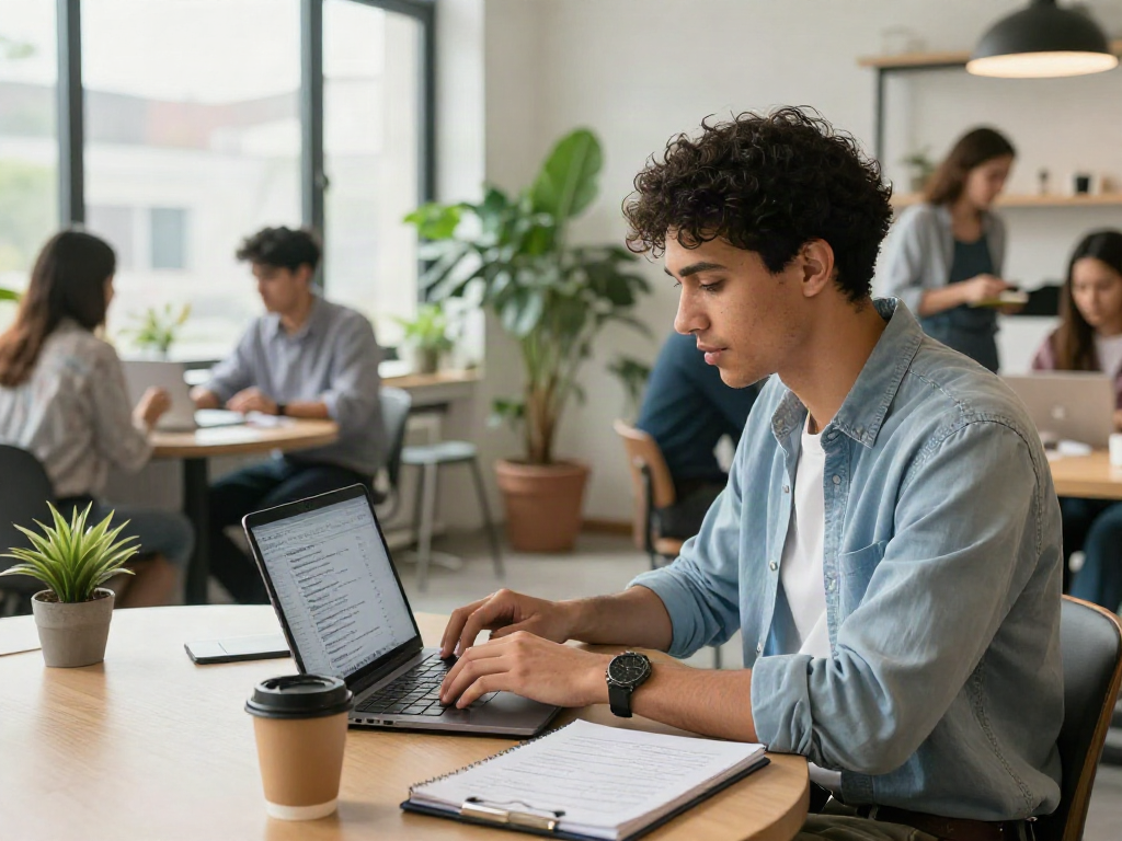 Engaged professional searching for job opportunities (หางาน) in a vibrant co-working space