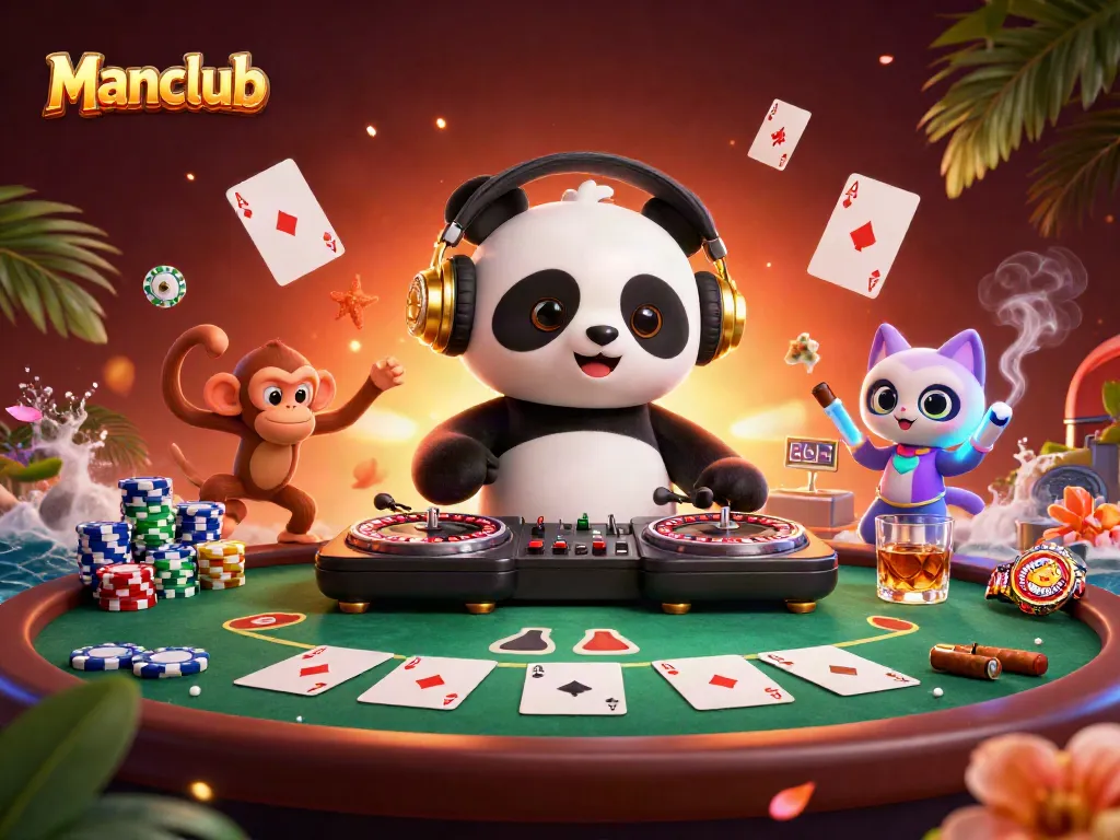 Exciting scene showcasing Manclub-themed characters in a vibrant casino atmosphere with poker chips and games.