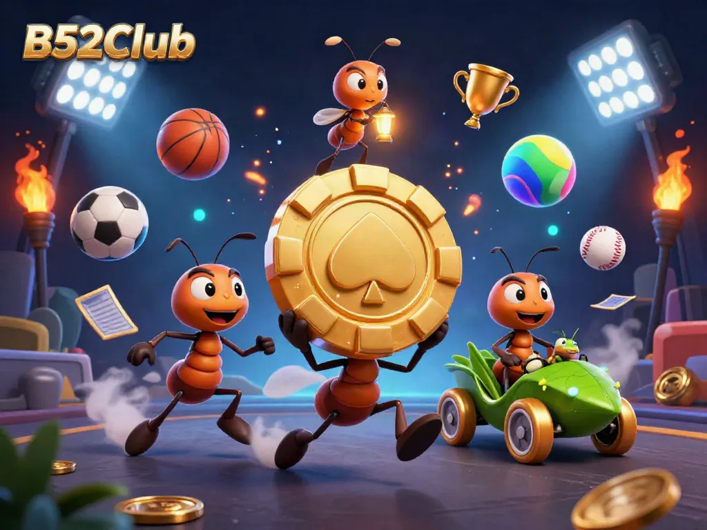Engage in gaming adventures with B52Club as animated ants transport a giant poker chip.