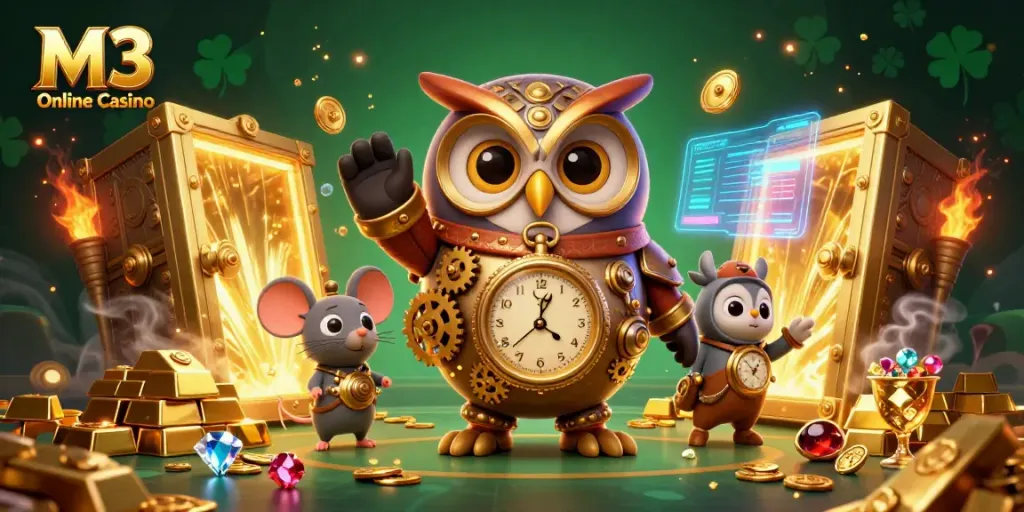 M3 Online Casino features a lively scene with a time-traveler owl and treasures, emphasizing online gaming excitement.
