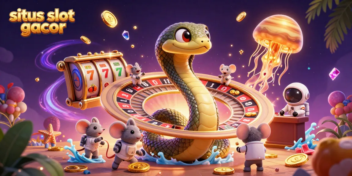 Menggali slot gacor dengan ilustrasi 3D, ular Saturnus berputar roulette, tikus astronaut bertaruh.