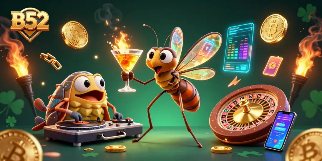 Engage with B52 gaming excitement through a vibrant casino mascot scene mixing crypto elements.