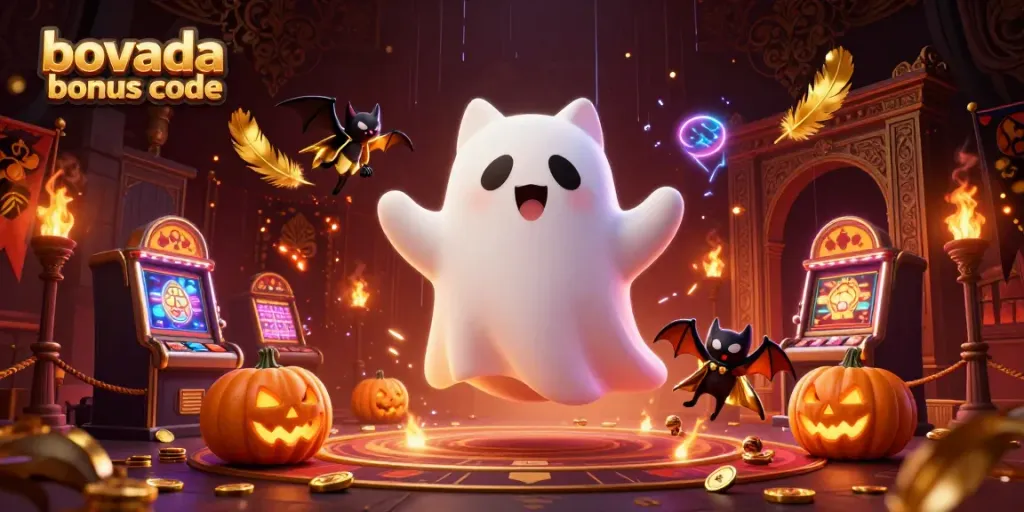 Bovada bonus code showcasing a ghost cat and vampire bat in a haunted casino setting filled with games and excitement.