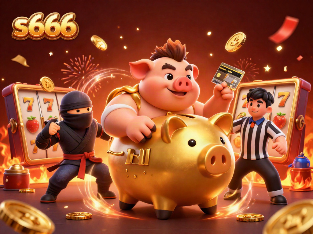 s666 celebrates winning moments with a golden piggy bank, slot reels, and exciting gaming atmosphere.