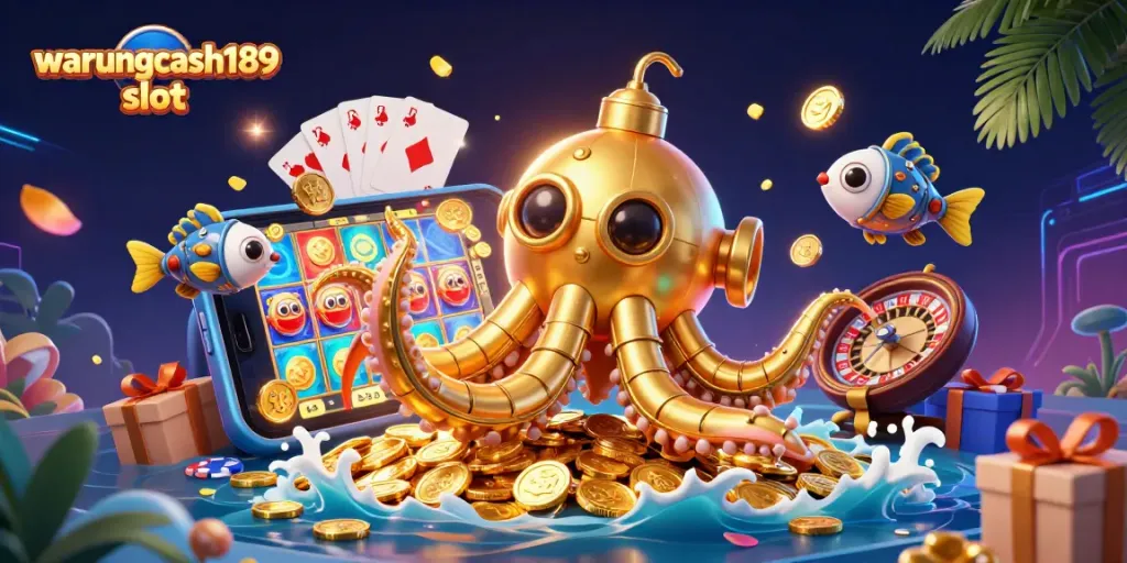 Engage in thrilling action with warungcash189 slot, featuring a golden kraken submarine amidst streaming coins and vibrant slot graphics.