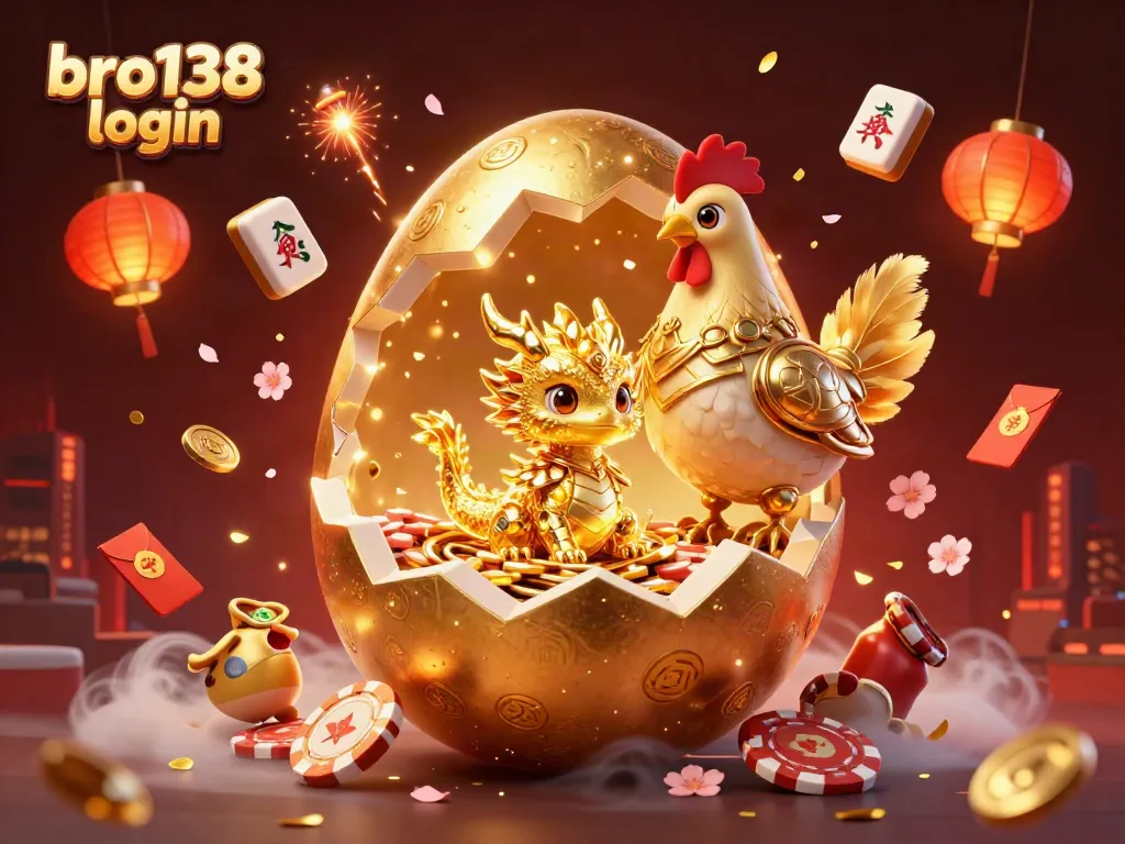 Engage with bro138 login and enter a vibrant casino scene featuring a golden egg dragon, poker chips, and festive elements.