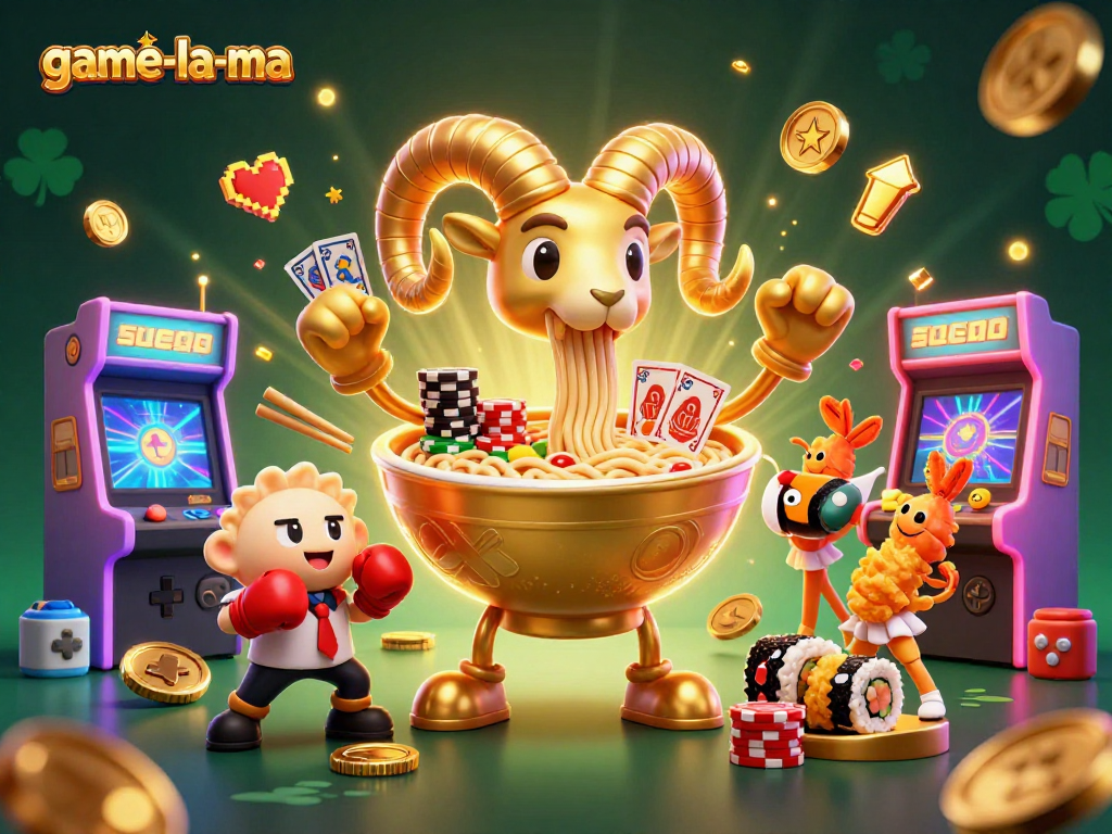 Engage with game-la-ma's vibrant 3D casino scene featuring a dynamic giant ramen bowl dealer and friends.
