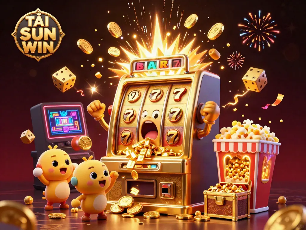 TẢI SUN WIN shows a joyful golden slot machine celebrating a jackpot amidst coins, baby slots, and popcorn.