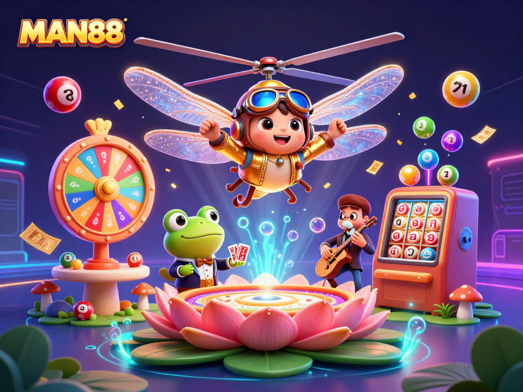 Engage with MAN88's vibrant casino experience featuring a dragonfly pilot and a frog dealer.