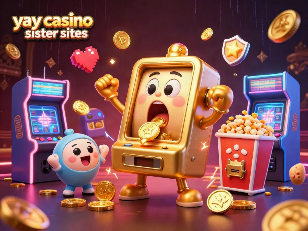 Spinning slots at yay casino sister sites, cartoon machines celebrating jackpots with gold coins.