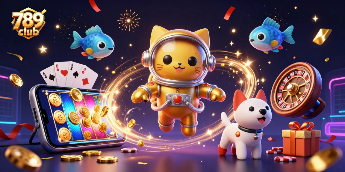 Join the excitement at 789 club with our cartoon astronaut cat and robot dog amidst vibrant casino gaming elements.