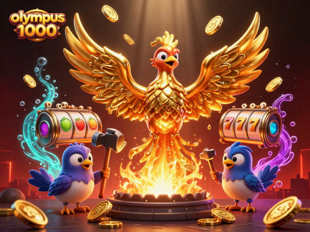 Mainkan olympus 1000 dengan phoenix emas menyala yang menciptakan koin dalam suasana kasino yang megah.