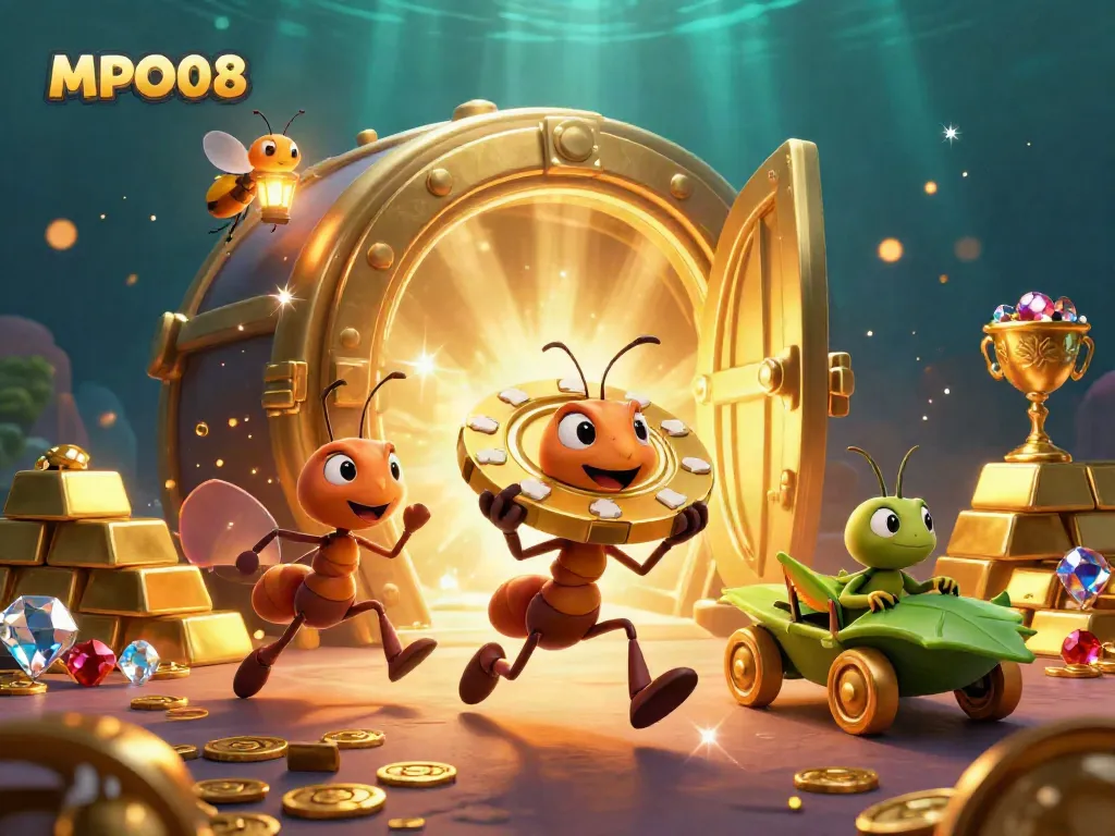 The MPO08 team of ants carries a giant golden poker chip during a vibrant casino heist scene.
