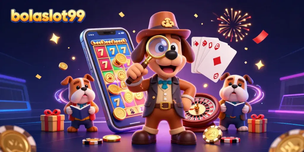 Bolaslot99 slots scene featuring a detective finding clues amid poker chips and colorful games