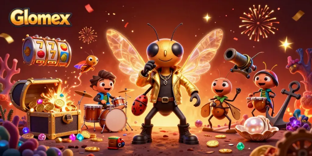 Glomex showcases thrilling casino adventures with a dynamic rock star scene in vivid detail.