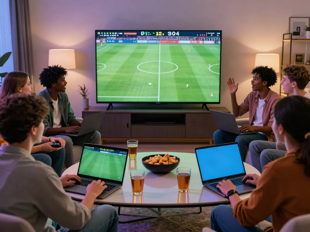 Engaging WWBOLA sports betting scene with friends analyzing odds during a live football match.
