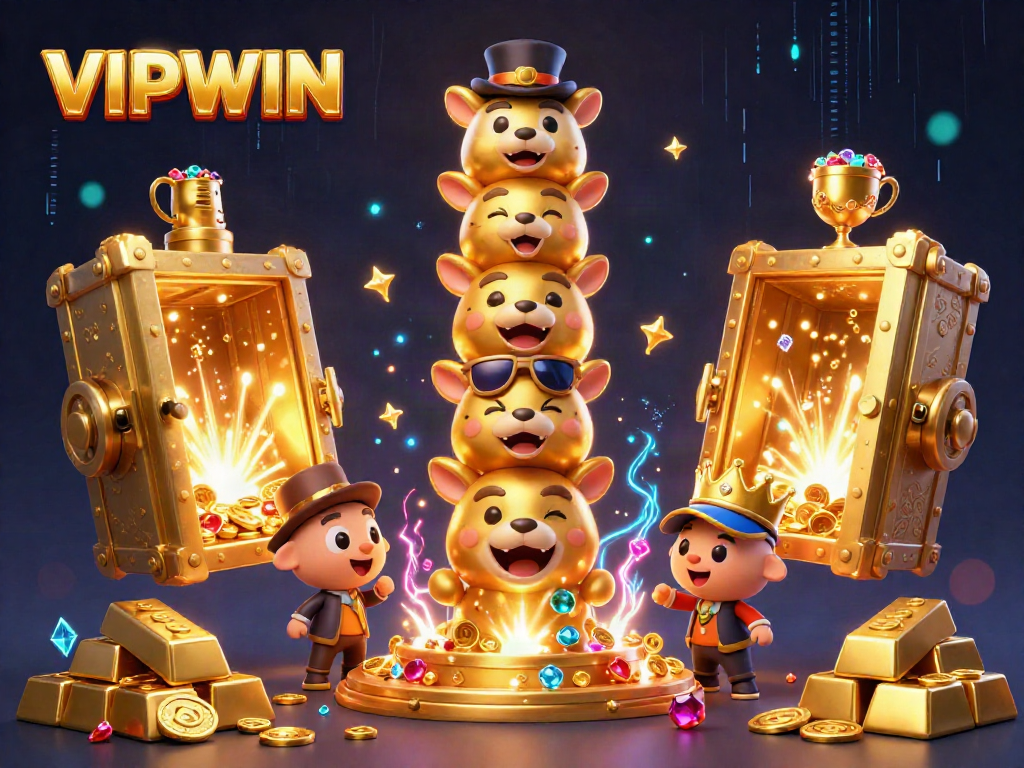 Join VIPWIN in a vibrant casino adventure, showcasing a magical 3D scene with gold treasures and totem characters.