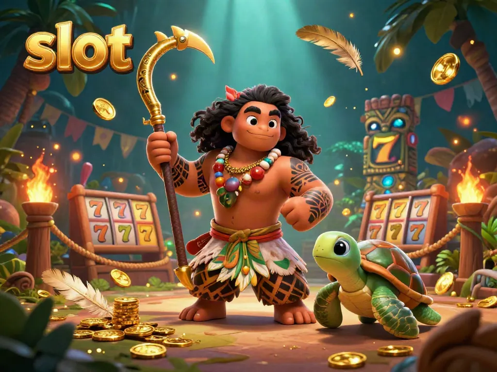 Engaging slot game illustration featuring a demigod hawk and turtle amidst vibrant casino elements.