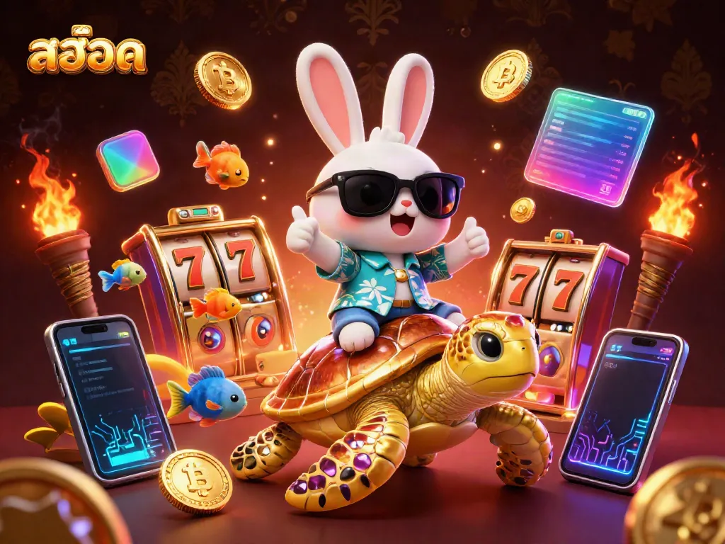 Spin the reels with สล็อต and luck as a cartoon rabbit rides a golden turtle in vibrant casino fantasy.