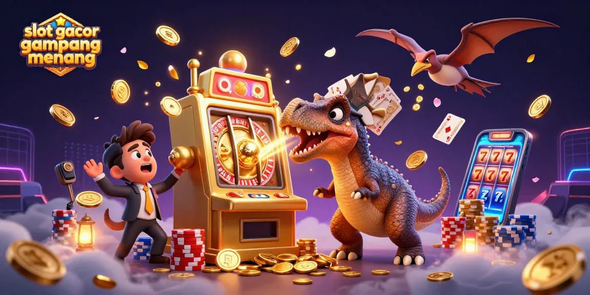 Slot gacor gampang menang, ilustrasi kasino 3D dengan karakter dinosaurus menang jackpot di mesin slot emas