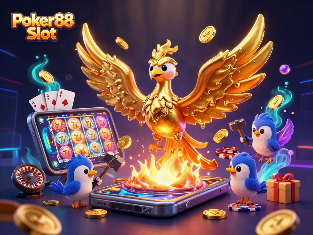 Experience Poker88 Slot with dynamic gaming elements and a magical golden phoenix in action.