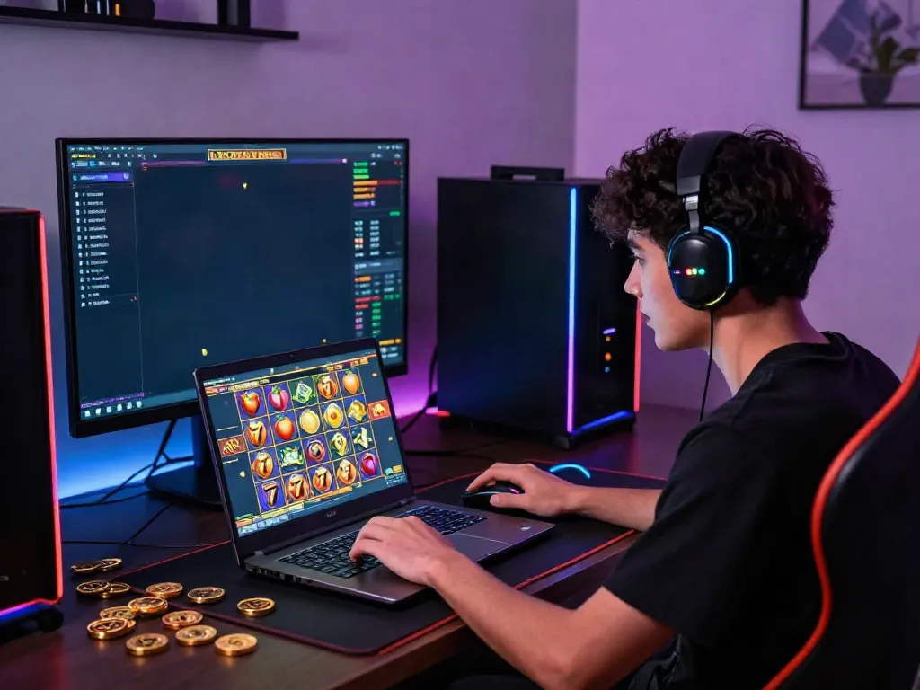 Player enjoying an exciting slot gacor thailand game on a laptop in a vibrant gaming room.