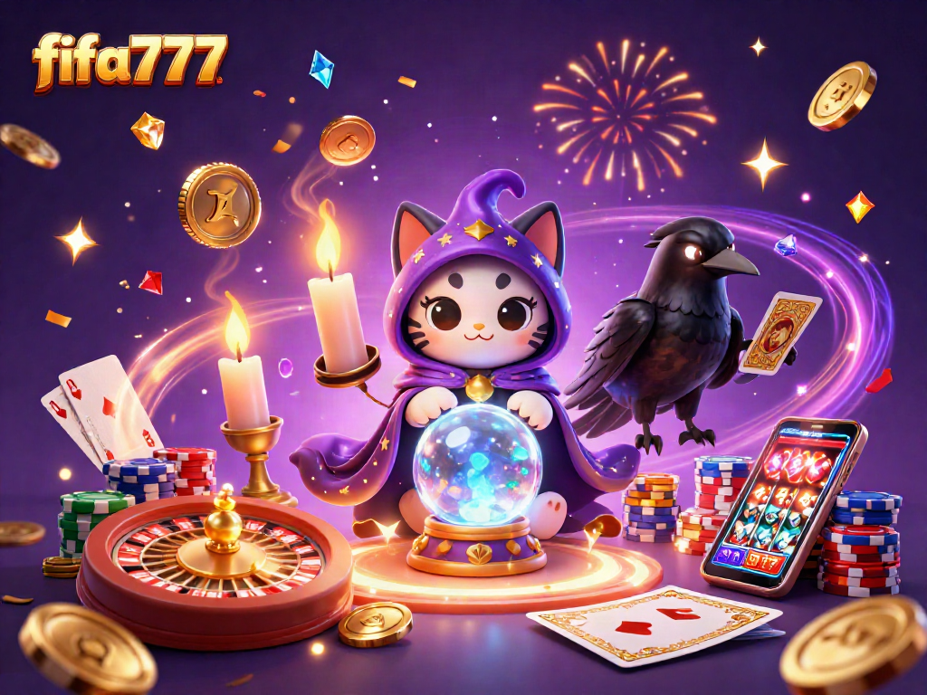 Experience exhilarating gameplay with fifa777's mystical cat and tarot raven surrounded by casino elements.