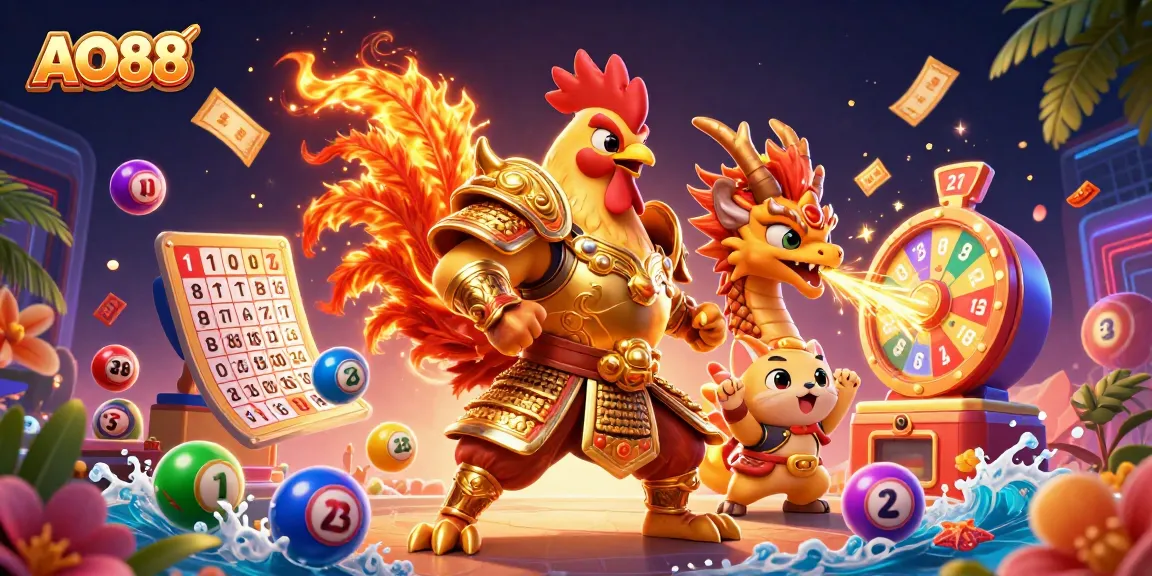 AO88 brings excitement with a 3D rooster warrior and dragon hatchling celebrating lottery wins.