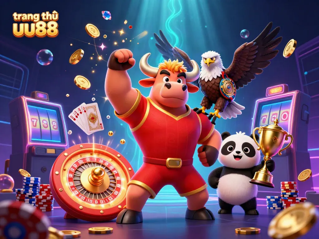 Engage with trang chủ uu88 in a vibrant casino scene with iconic characters, cascading coins, and stunning game elements.
