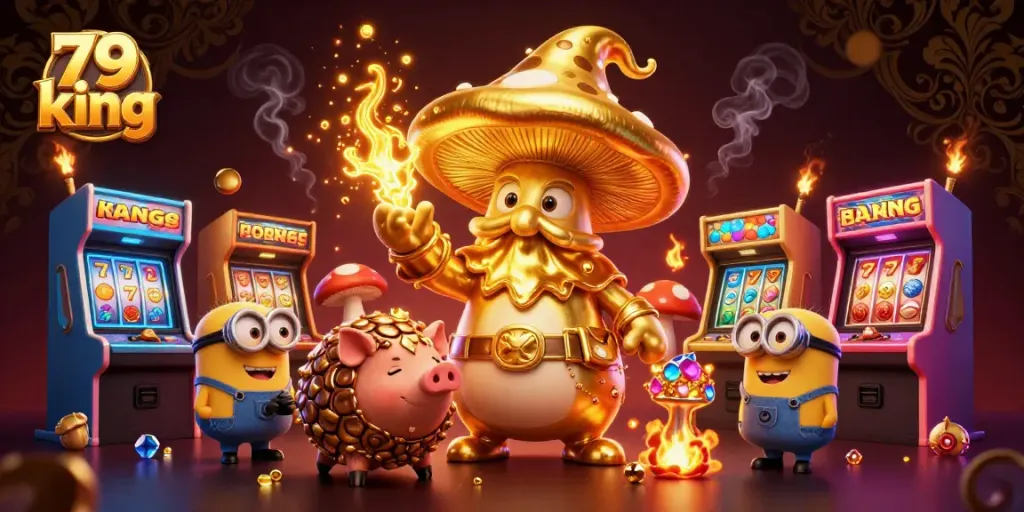 Engage in thrilling gaming with 79 king, featuring a magical scene of a wizard and treasures amidst vibrant casino elements.