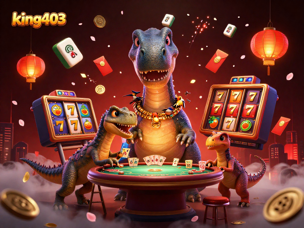 Experience the excitement of king403 with a towering brontosaurus and dynamic gaming elements in a vibrant casino scene.