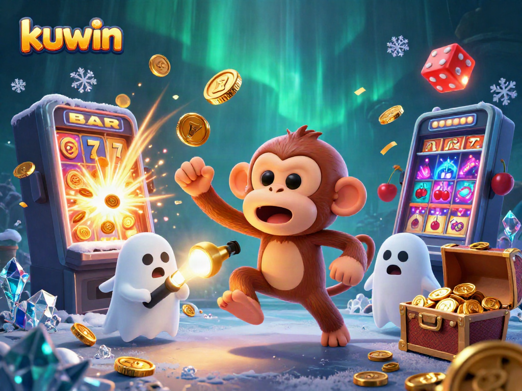 Kuwin's playful poltergeist monkey juggles casino treasures in a spooky environment.