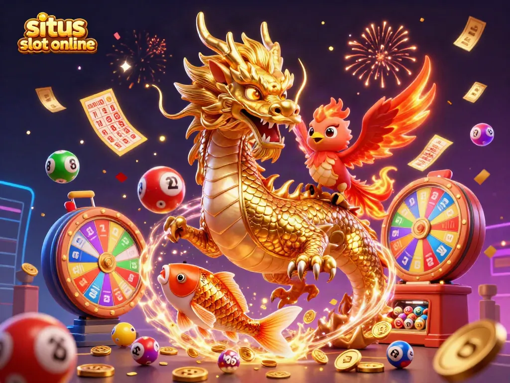 Permainan situs slot online menghadirkan naga emas dengan ikan koi beruntung dan phoenix, dikelilingi elemen kaya judi.