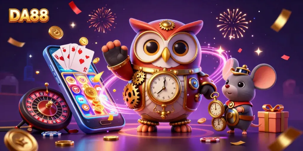 Engage in exciting gameplay at DA88 casino with vibrant slot games, golden rewards, and dynamic characters.
