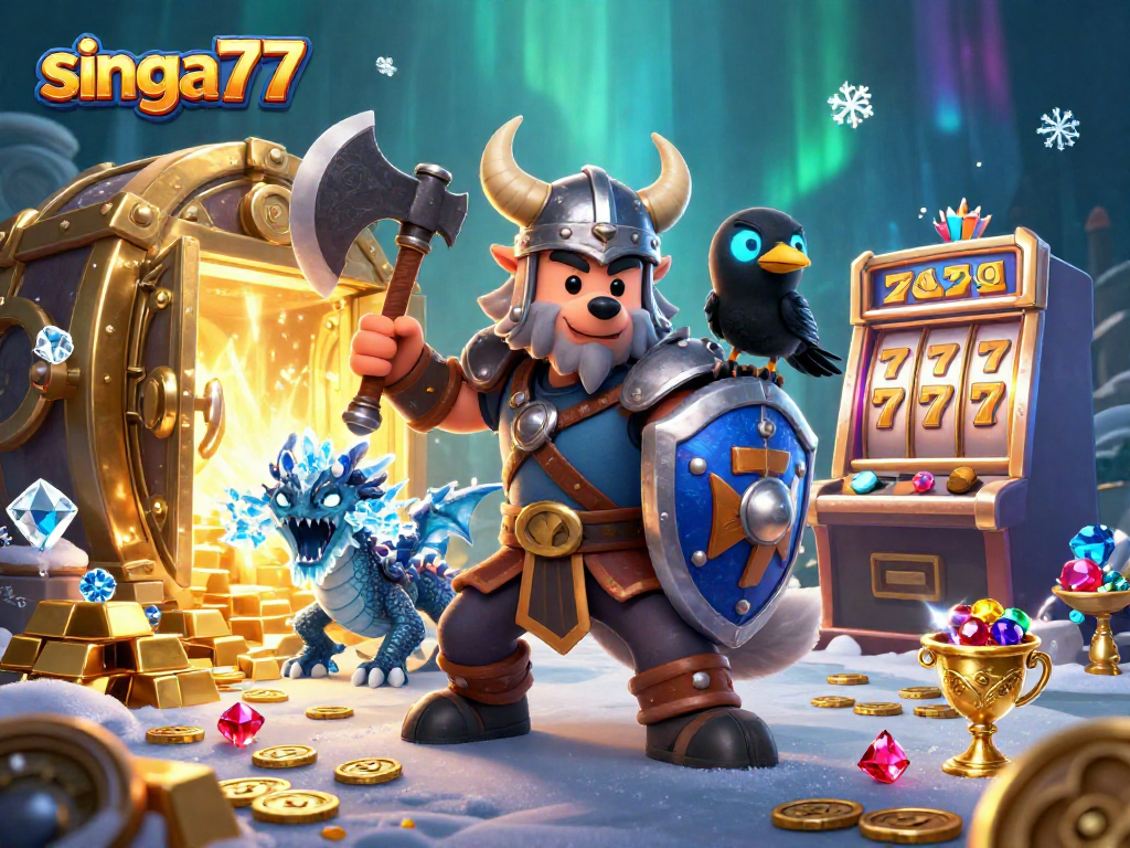 Singa77 slot machine action scene with Viking wolf warrior and dragon in a treasure-filled illustration