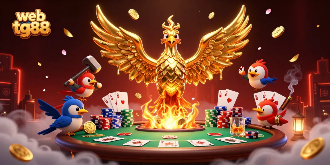 Experience the thrill of web tg88 with this 3D illustration showcasing a molten golden phoenix amidst vibrant casino elements.