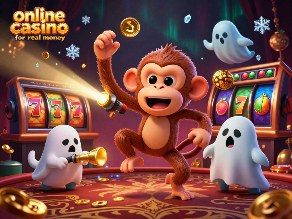 Engaging 3D scene of an online casino for real money, featuring a playful poltergeist monkey and puppy ghost-hunter.